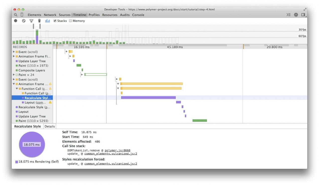 DevTools showing long-running style calculations.